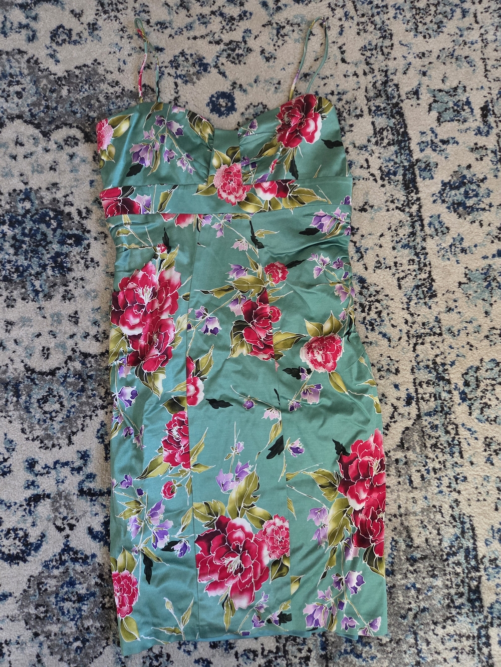 David Meister Green Satin Mini Dress with Pink Floral Print